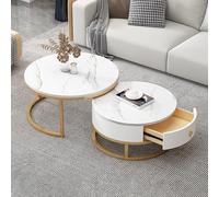 Nesting Coffee Tables with Drawers, Set of 2 - Round Coffee Table with Storage for Living Room, Small Low Side Table for Apartments and Rental Homes