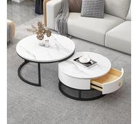 Nesting Coffee Tables with Drawers, Set of 2 - Round Coffee Table with Storage for Living Room, Small Low Side Table for Apartments and Rental Homes