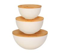 Nesting Containers - 3 Piece Mixing Set with Eco-Friendly Covers, Storage Bowls for Salad Prep, Leak Resistant Wooden Lid with Stackable Design, Perfect for Fruits Vegetables Snacks