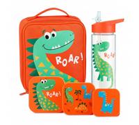 Nesting Snack Boxes, Set of 3 Including Straw Sipper, Tiny to Tots Kids Set, Back to School, Lunch Box, Multi Compartments, Snack Storage (Bright Dino Straw Sipper 500ml & Nested Boxes & Lunch Bag)
