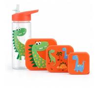 Nesting Snack Boxes, Set of 3 Including Straw Sipper, Tiny to Tots Kids Set, Back to School, Lunch Box with Multi Compartments, Snack Storage (Bright Dino Straw Sipper 500ml & Nested Boxes)