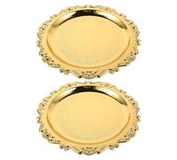 NESTINGHO 2pcs Vintage Gold Metal Trays with Retro Embossed Design, Round Decorative Serving Platters for Tea Experience and Dessert Table Display, Sturdy and Stylish Storage Plates