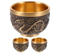NESTINGHO 3pcs Brass Tea Cups with Embossed Dragon and Phoenix Patterns 2.5 Oz Vintage Kung Fu Tea Cups Made of Sturdy Brass and Collector’s Pieces