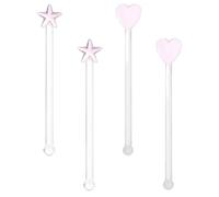 NESTINGHO 4pcs Glass Swizzle Sticks Cocktail Stirrer Set with Comfortable Grip and Smooth Round Surfaces, Pink Reusable Drink Picks for Stirring Honey and Ice Cream