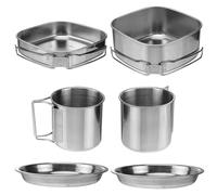 NESTINGHO 6pcs Stainless Steel Cookware Set with Barbecue Combination Pot and Foldable Handle, Lightweight Outdoor Cooking Kit for 3-4 People Backpacking and Hiking