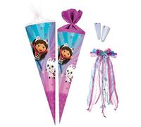 Nestler School cone set for filling, handmade cardboard sugar cone - motif Gabby's dollhouse, school cone, lace protector, bow (purple, 70 cm round)