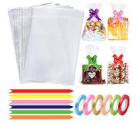 Nestling Cellophane Bags: 60 Pack (6 x 10 Inches), Colorful Roll Bows, Twist Ties, Flat, Clear, Gift Packaging