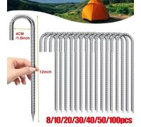 NESTLUNE 20pcs Strong Tent Pegs 12" Steel J Hook Ground Rebar in Silver NESTLUNE Silver