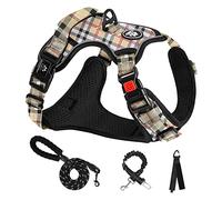 NESTROAD Beige Check Dog Harness, Anti Pull Medium Dog Vest Harness and Lead Set, Size M for Medium Dogs of Neck 13~17" Chest 17-25", Reflective No-Choke Escape Proof Pets Accessories for Walking