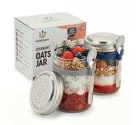 Nestware Kitchen Overnight Oats Jar with Spoon [2-Pack] - 350ml Glass Breakfast Container with 50g Measuring Lid - Leak Proof Seal - For Chia, Yoghurt, Oatmeal & Meal Prep