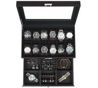 Nestwerk Watch Box Jewelry Organizer, 12-Slot 2-Layer Watch Case Storage with Large Glass Lid, Watch Storage Case for Men with Lock, Watch Holder Display Case, Gift for Men Women