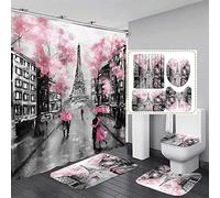 NESUYAA 4 PCS Pink Paris Shower Curtain with Bath Rugs Bathroom Accessorry Sets, Eiffel Tower Bath Room Decor Includes U-shape Mats Carpets Toilet lid Cover Hooks 72 Inch Long Romantic Modern (Pink)