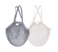 Net Cotton String Shopping Bags Reusable Mesh Grocery Bags with Long Handles for Beach Toys Fruit Vegetable Storage (2pcs, Beige/Grey) Cotton String Bag