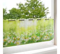Net Curtain Daisies for the Kitchen, Green Bistro Curtain, 45 x 115 cm, Modern and Transparent Curtain for Spring and Summer