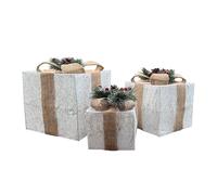 Netagon Set of 3 Indoor Home Under Tree Decorations Light Up Illuminated LED Gift Boxes Box Set with Bow Detail (White with Neutral Beige Rustic Ribbon)