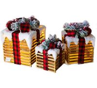 Netagon Set Of 3 Under Christmas Tree Festive Battery Operated Led Light Up Presents Gift Boxes- Red Tartan