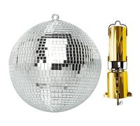 Netagon Silver Mirrored Disco Ball with Hanging Ring Lightweight Ceiling Hanging Mirror Ball for Disco Halloween Christmas Birthday Party + Rotating Motor (with GOLD Rotating Motor, 200mm | 8")