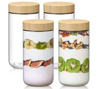 NETANY 4-pack 24oz Glass jars with Airtight Lids, Overnight Oats Containers with Bamboo Lids, Wide mouth Mason Salad jars, Glass Food Storage Containers for Snacks Yogurt Spice Sugar