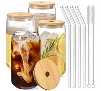 NETANY Drinking Glasses with Bamboo Lids and Glass Straw 4pcs Set - 16oz Can Design Glass Cups, Beer Glasses, Iced Coffee Glasses, Cute Tea Cup, Ideal for Cocktail, Whiskey, Gift - 2 Cleaning Brushes