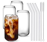 NETANY Drinking Glasses with Glass Straw 4pcs Set - 16oz Can Shaped Glass Cups for Beer, Iced Coffee, Tumbler Cup for Whiskey, Soda, Tea, Water, Gift - 2 Cleaning Brushes