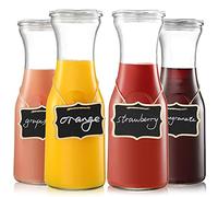 NETANY Set of 4 Glass Carafe with Lid, 1 Liter Beverage Serveware Carafe, Clear Glass Pitcher for Mimosa Bar, Brunch, Cold Water, Juice, Milk, Iced Tea, Lemonade