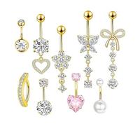 [Netbiio] Bling Cubic Zirconia Stainless Steel Navel Piercing Jewelry Set Trendy Body Accessories Anti Corrosion Navel Rings for Women