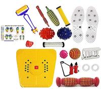 NETCLUB Acupressure Massager & Sujok Therapy Tools Combo Kit For Stress and Pain Relief With Bio-Magnetic Power Foot Mat & Shoe Sole Foot Roller-Pyramidal Cuts Wooden with accupressure chart massager