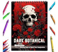 Netecom Dark Botanical Coloring Book Spiral Bound for Adults, Soft Cover, 30 Creepy Flowers and Plants Coloring Pages in Mysterious Garden for Stress Relief and Relaxation