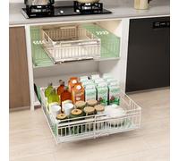 NETEL 2 Pack Expandable Pull Out Cabinet Organiser, 17 CM tall Guardrail, Width 33cm-51cm, Adhesive Rails No Drill, Peel and Stick Pull Out Drawers, Slide Out Drawers for Cupboard Organiser