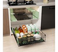 NETEL 2 Pack Expandable Pull Out Cabinet Organiser, 17 CM tall Guardrail, Width 33cm-51cm, Adhesive Rails No Drill, Peel and Stick Pull Out Drawers, Slide Out Drawers for Cupboard Organiser, Black