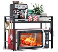 NETEL Extendable Microwave Oven Rack, Adjustable Microwave/Toaster Shelf Heavy Duty Stand Kitchen Counter Top Organizer, 2-Tier with 4 Hooks, 55lbs Weight Capacity,Black