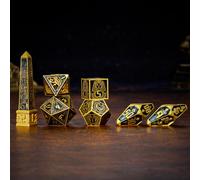 Neteru Dice Egyptian Theme Zinc Alloy Metal Dice Set - Complete 7 RPG Dice with Obelisk D4 & Cage D8 for D&D, Tabletop Role Playing Games Collector's Gift (Black Gold)
