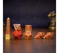 Neteru Dice Egyptian Theme Zinc Alloy Metal Dice Set - Complete 7 RPG Dice with Obelisk D4 & Cage D8 for D&D, Tabletop Role Playing Games Collector's Gift (Gold red)