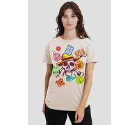 Netflix Women's One Piece Skull Travel Stickers T-Shirt, Natural in Beige | Size: Medium Netflix Beige M