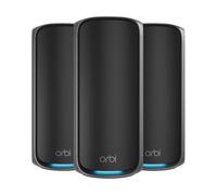 NETGEAR Orbi 970 Series WiFi 7 Mesh System, Up to 8,200 sq ft., 3 Pack | Up to 27 Gbps, 200 Devices, Quad-Band, Security Features, 10 Gig Port, Router + 2 Satellite Extenders, Black, RBE973SB
