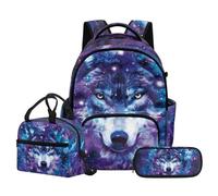 NETILGEN Blue Galaxy Wolf Teen Boys Backpack Set with Lunch Bag Pencil Case Elementary Primary School Bookbags 3 in 1 Set