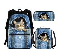 NETILGEN Book Bags Set for School Boys Backpack Satchel Rucksack with Elementary Junior Small Lunchbox Pencil Case 3 PCS Set, Cat Denim