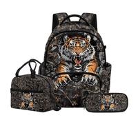 NETILGEN Boys Backpack 3D Tiger Design Elementary Primary School Students Bookbag with Insulated Lunch Box and Stationery Organizer Pencil Case