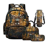 NETILGEN Boys Bookbag Set Oak Leaf Hunting Deer Elementary Primary School Students Backpack School Bag with Lunch Box Pencil Case and Bottle Sleeve 4 in 1