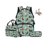 NETILGEN Cartoon Dachshund Dog School Backpack Set 4 Pcs Bookbag Insulated Lunch Bag Pencil Case Leather Keychain Pendant for Kids Elementary Preschool