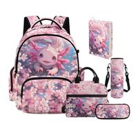 NETILGEN Cherry Flower Axolotl Cute Girls Backpack Set with Lunch Bag Pencil Case Bottle Sleeve Book Cover for Preschool Elementary School Students