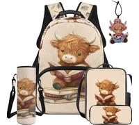 NETILGEN Cute Highland Cow 5 Pcs Kids Cartoon School Backpack Set Insulated Lunch Box Pencil Case Water Bottle Sleeve and Keychain Pendant Teens Girls Boys Students Bags