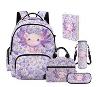 NETILGEN Daisy Axolotl Backpack for Girls Age 4-12 Cartoon School Bag Set with Lunch Box Pencil Case Bottle Sleeve Book Cover for Elementary Primary School Students