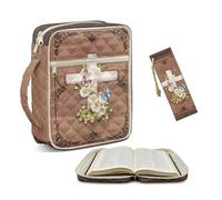 NETILGEN Daisy Butterfly Cross Bible Cover Case with Leather Bookmark for Women, Large Quilted Bible Carrying Case with Handle and Front Zipper Pocket, Scripture Bible Study Supplies