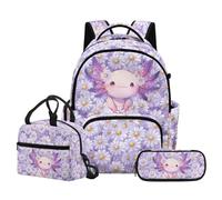 NETILGEN Daisy Floral Axolotl Kids Backpack and Lunch Box Set for Girls Age 6-12 Large Capacity School Bookbag with Zipper Pencil Case