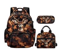 NETILGEN Forest Oak Leaf Deer Kawaii Backpack for Boys Age 6-12 Elementary Primary School Students Bookbag with Insulated Lunch Bag Pencil Case