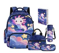 NETILGEN Galaxy Axolotl Kids Backpack Set 5-in-1 Large Capacity School Bookbag for Girls with Lunch Bag Pencil Case Bottle Sleeve and Book Cover, Kindergarten Travel Backpack