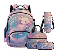 NETILGEN Girls School Backpack Set 4 in 1 Cartoon Axolotl Elementary Primary School Bookbag with Insulated Lunch Box, Pencil Case and Bottle Sleeve, Back to School Gifts