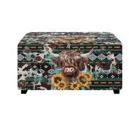 NETILGEN Highland Cow Aztec Geometric Print Ottoman Cover with Elastic Edge Footstool Cover for Home Decor Rectangle Foot Stool Slipcover Easy to Install