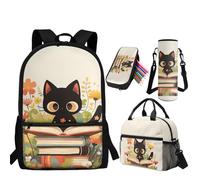 NETILGEN Kids Backpack with Lunch Box Pencil Case Bottle Sleeve 4 Pcs Set Teens Elementary Middle School Bags, Black Cat, L, Casual